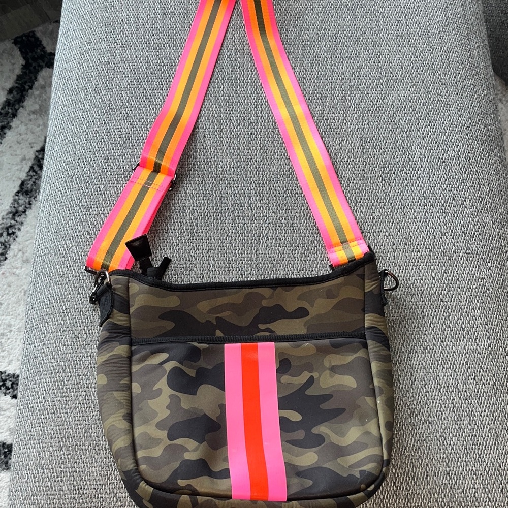 HAUTE SHORE Camouflage Crossbody Bag with Pink and Orange Strap